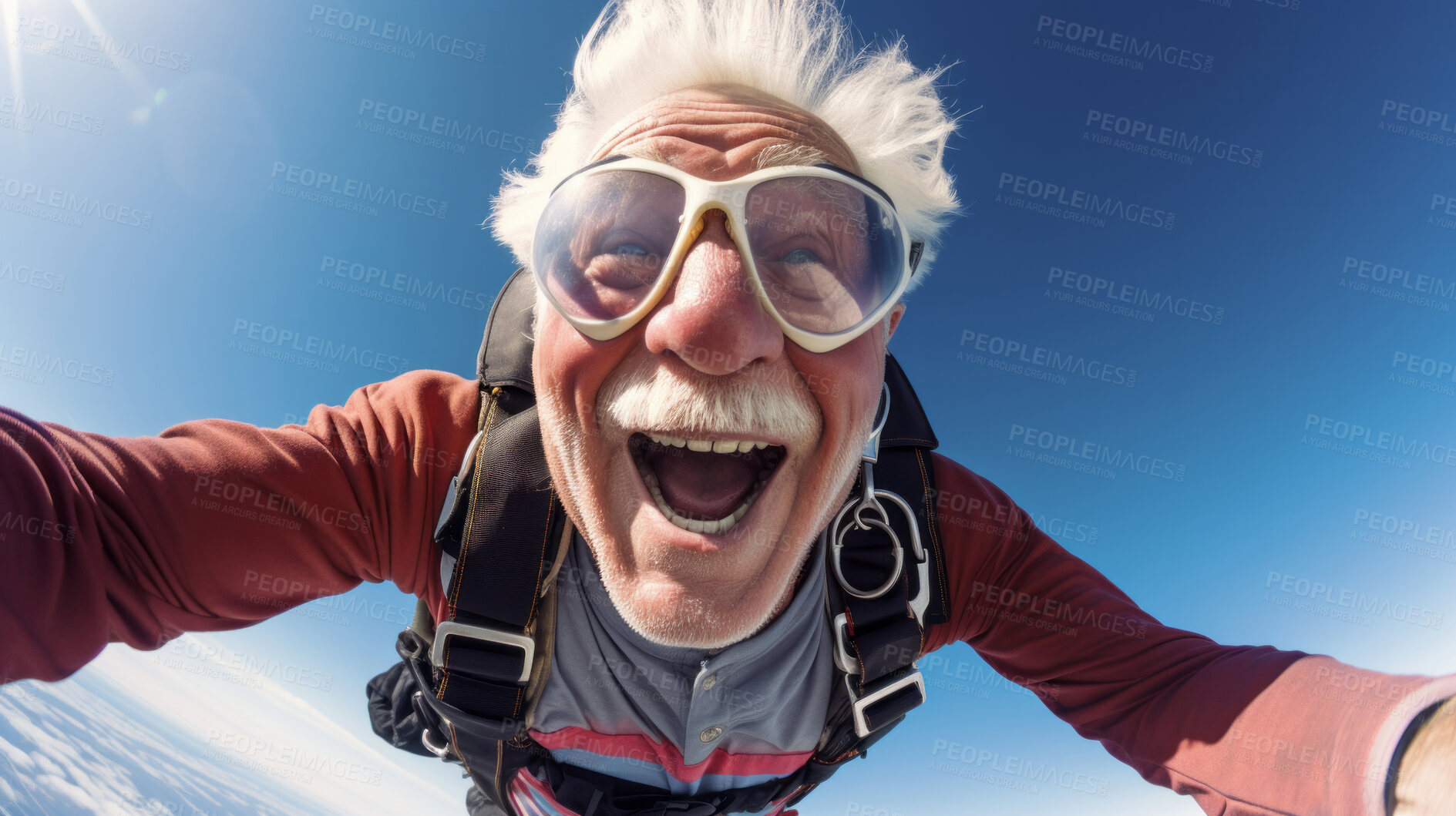 Buy stock photo Selfie of a skydiving senior man. Extreme sport fun retirement adventure