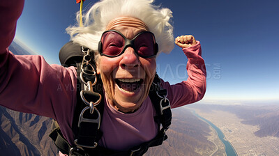 Buy stock photo Selfie of a skydiving senior woman. Extreme sport fun retirement adventure