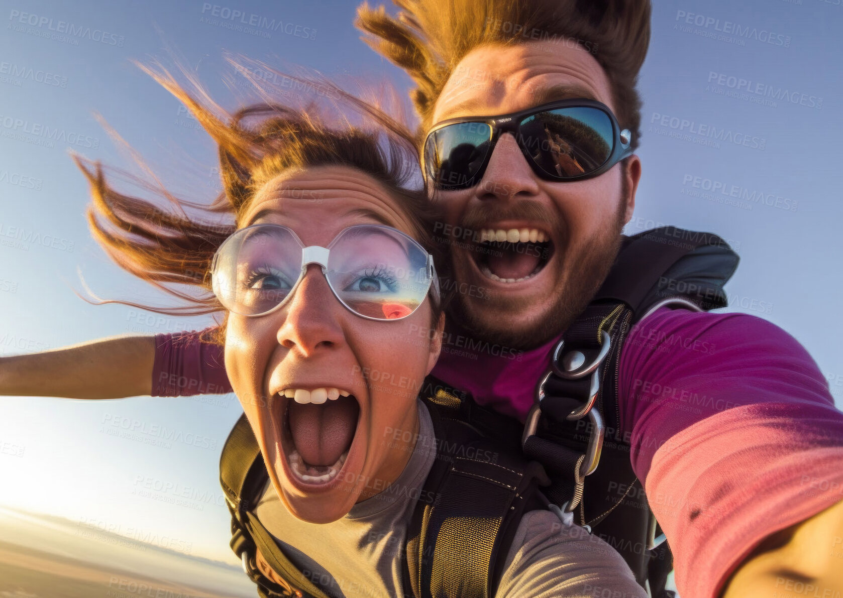 Buy stock photo Selfie of tandem skydiving couple. Active life extreme sport fun adventure