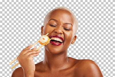 Face, laugh and woman with sushi and chopsticks in studio for he