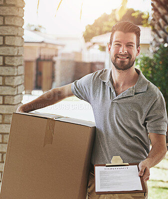 Buy stock photo Delivery man, box and documents at front door for home courier, contract signature or transport services. Portrait of logistics worker and package for e commerce, checklist or clipboard for agreement