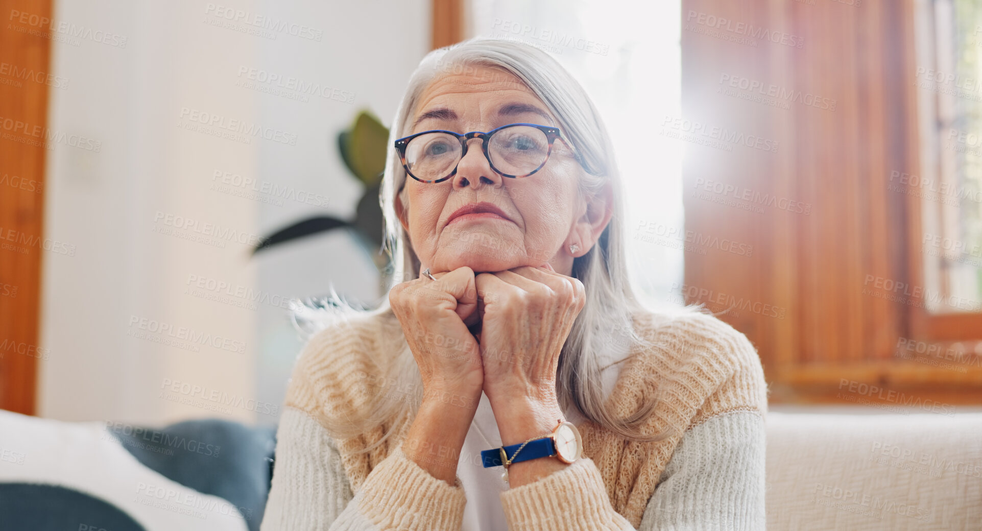 Buy stock photo Breathe, calm and senior woman on sofa in the living room for peaceful meditation exercise. Relax, health and portrait of elderly female person in retirement breathing in the lounge of modern home.