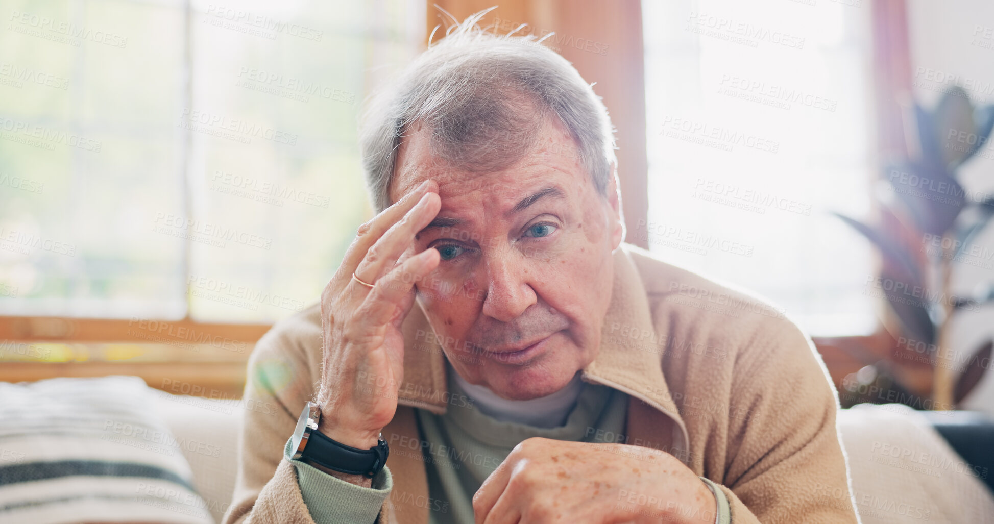 Buy stock photo Thinking, stress and senior man on sofa in the living room with memory or reflection face expression. Relax, idea and elderly male person in retirement with dementia disease in lounge of modern home.