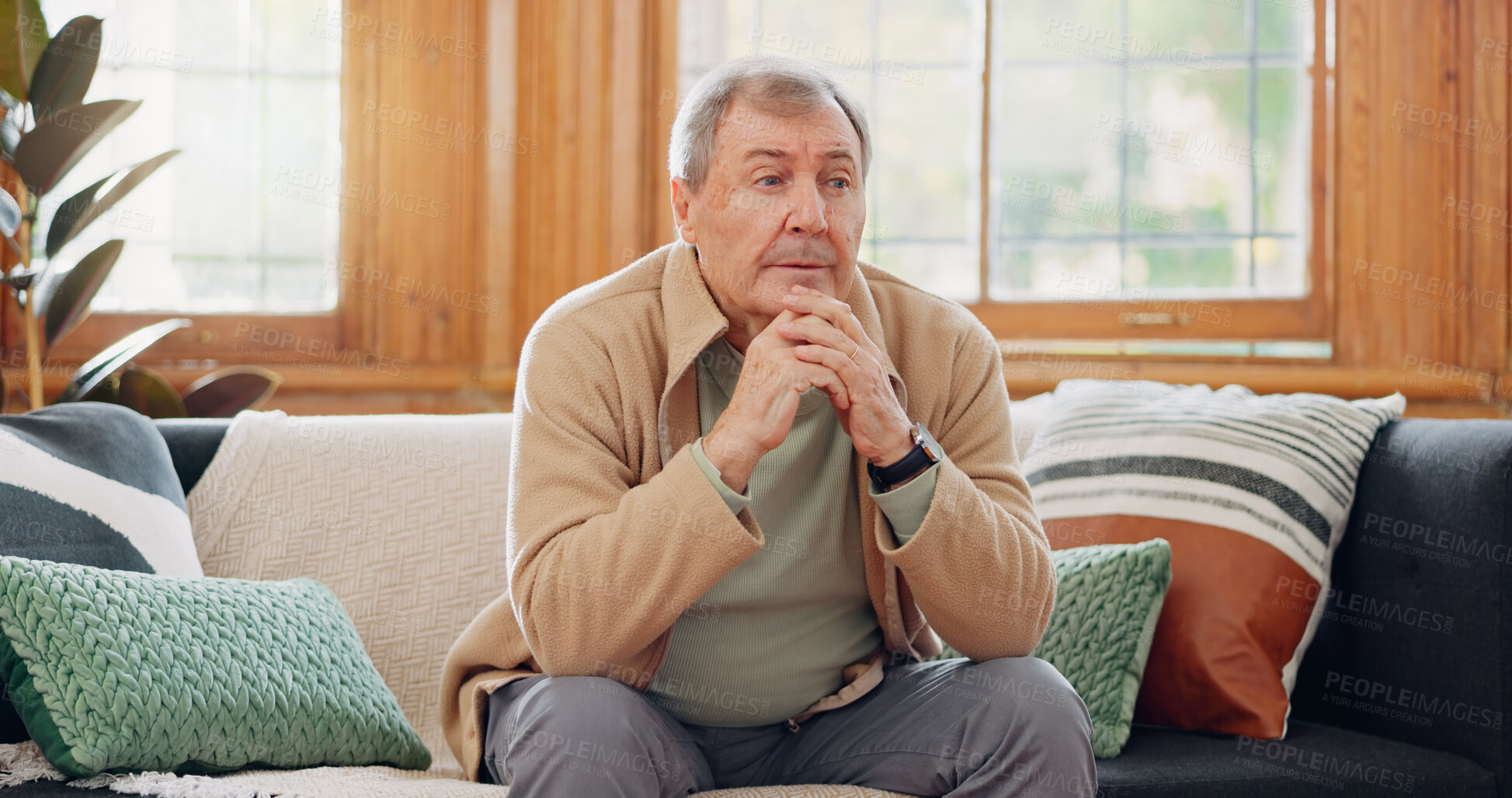 Buy stock photo Home, thinking and senior man with anxiety, sad or retirement with depression, mental health or dementia. Mature person, elderly guy or pensioner with walking stick, alzheimer or remember in a lounge