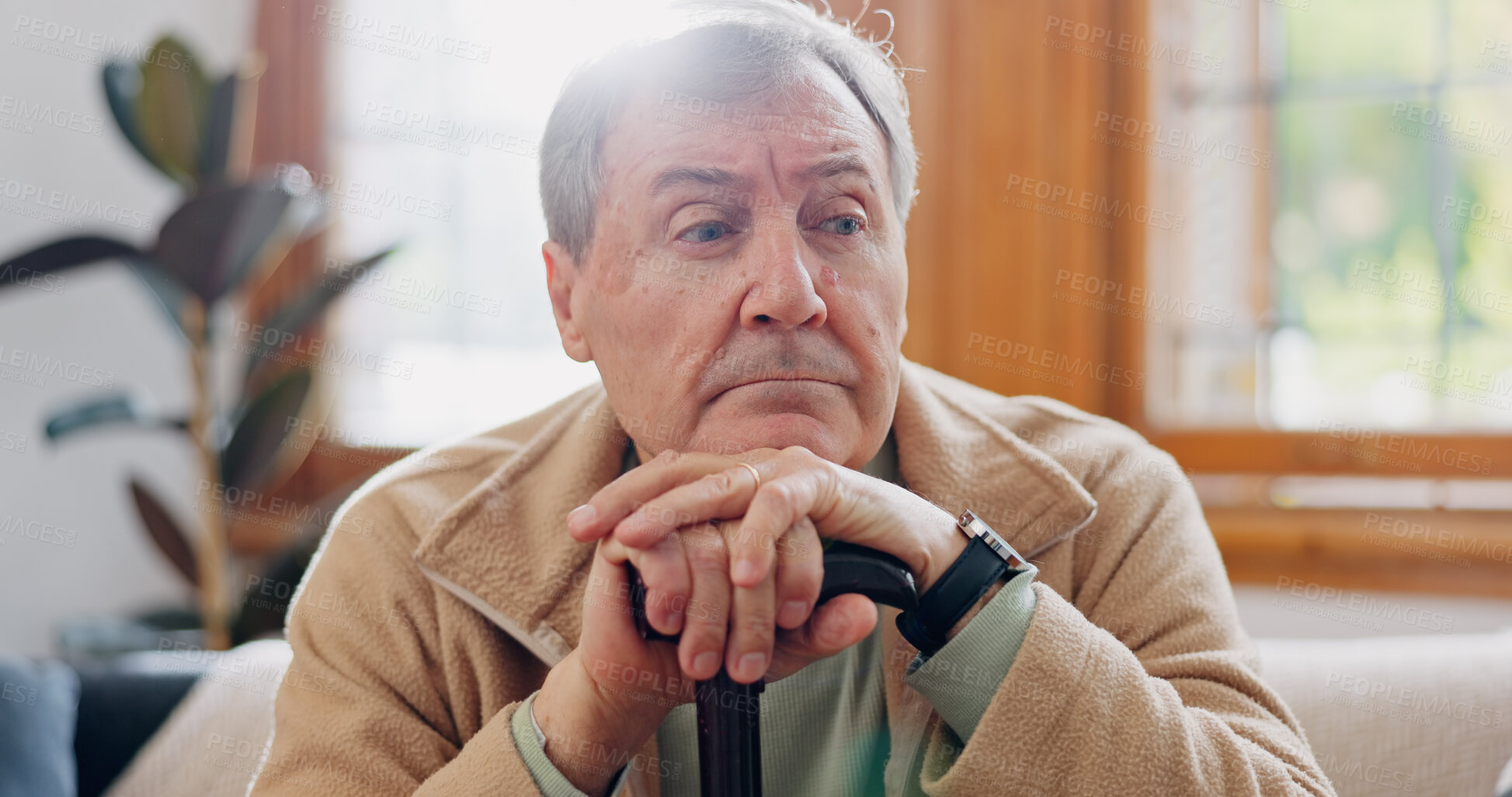 Buy stock photo Home, thinking and senior man with memory, sad and retirement with depression, mental health or anxiety. Mature person, elderly guy or pensioner with walking stick, alzheimer and dementia in a lounge