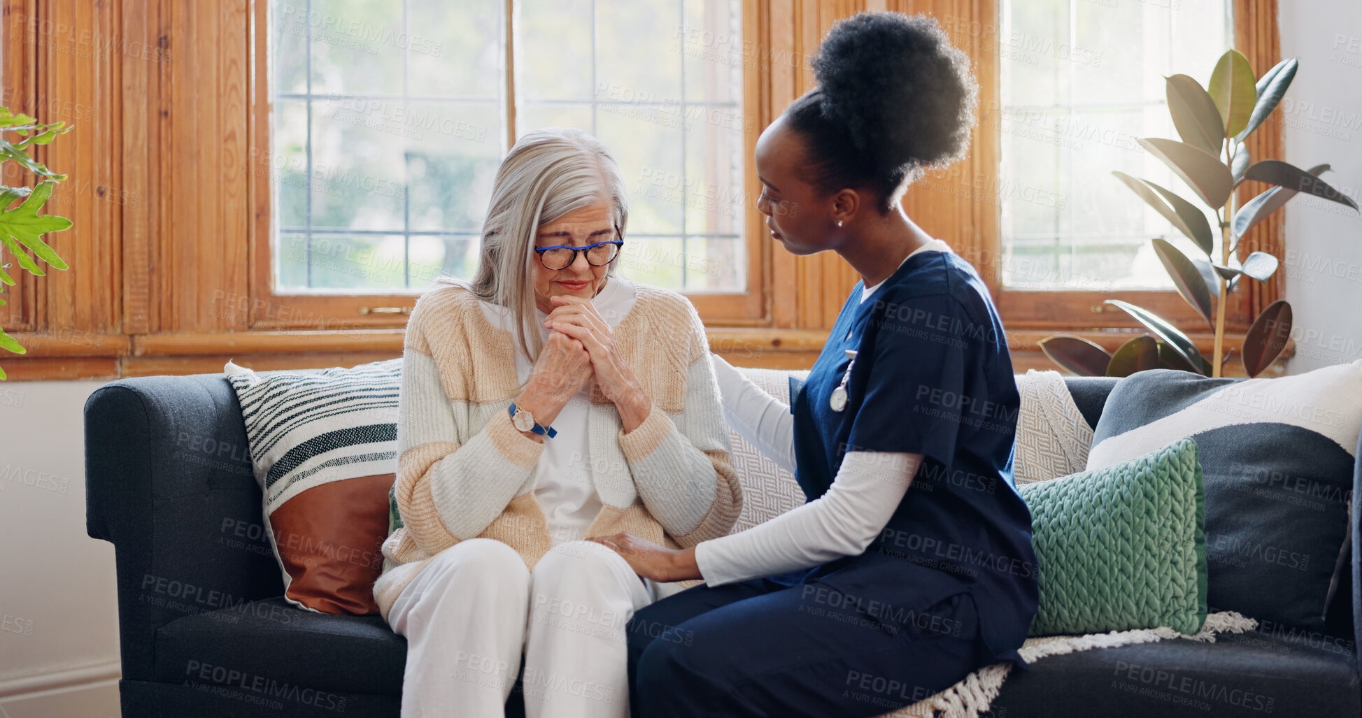 Buy stock photo Mature, sad woman or caregiver with empathy or results in consultation for bad news or cancer disease. Stress, depression or nurse with a crying senior patient for support, sympathy or help in home