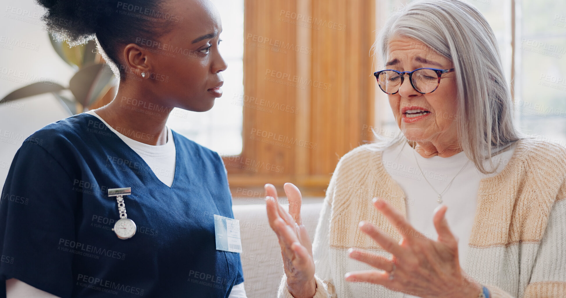 Buy stock photo Mature, sad woman or nurse with empathy or results in consultation for bad news or cancer disease. Stress, depression or caregiver with a crying senior patient for support, sympathy or help in home