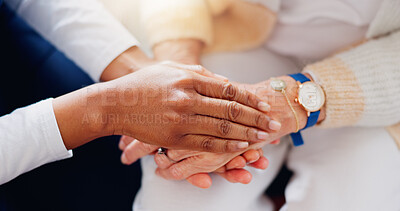 Senior patient, holding hands or consulting a caregiver for support or empathy for healthcare help. Closeup, psychology or elderly person in counselling with calm nurse in nursing home for therapy