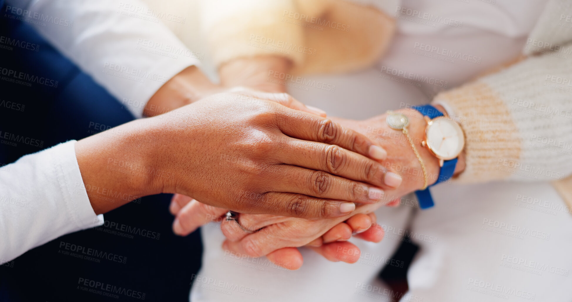 Buy stock photo Senior patient, holding hands or consulting a caregiver for support or empathy for healthcare help. Closeup, psychology or elderly person in counselling with calm nurse in nursing home for therapy