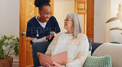 Tablet, nurse and senior woman on sofa reading notebook for checklist consultation research checkup. Bond, healthcare and African female caregiver talk to elderly patient grocery shopping list letters at retirement home.