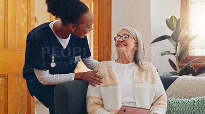 Tablet, nurse and senior woman on sofa reading notebook for checklist consultation research checkup. Bond, healthcare and African female caregiver talk to elderly patient grocery shopping list letters at retirement home.