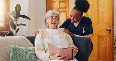 Tablet, nurse and senior woman on sofa reading notebook for checklist consultation research. Bond, healthcare and African female caregiver talk to elderly patient grocery shopping list letters at home.