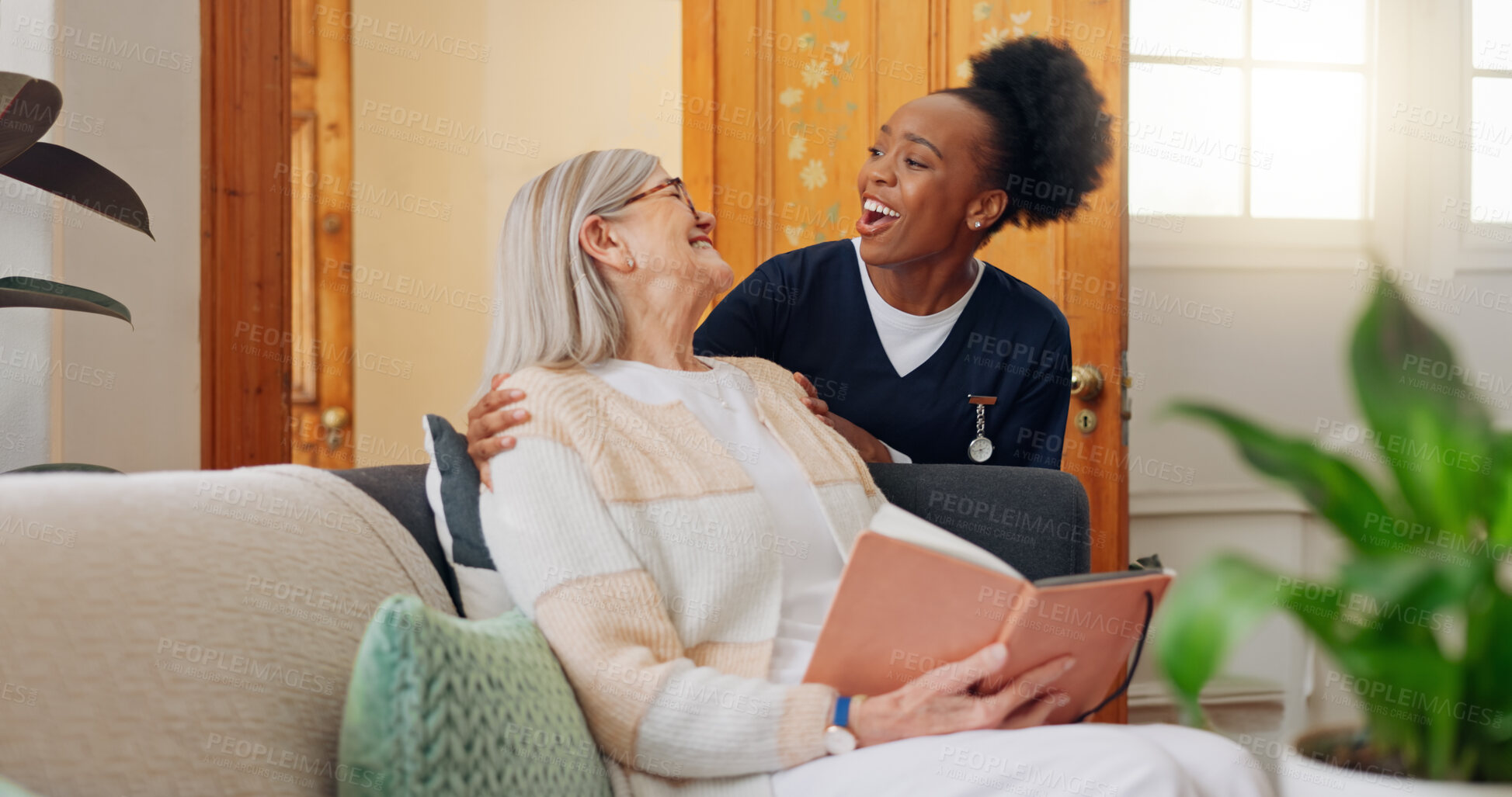 Buy stock photo Tablet, nurse and senior woman on sofa browsing on internet for medical consultation research. Bond, healthcare and African female caregiver talk to elderly patient networking on technology at home.