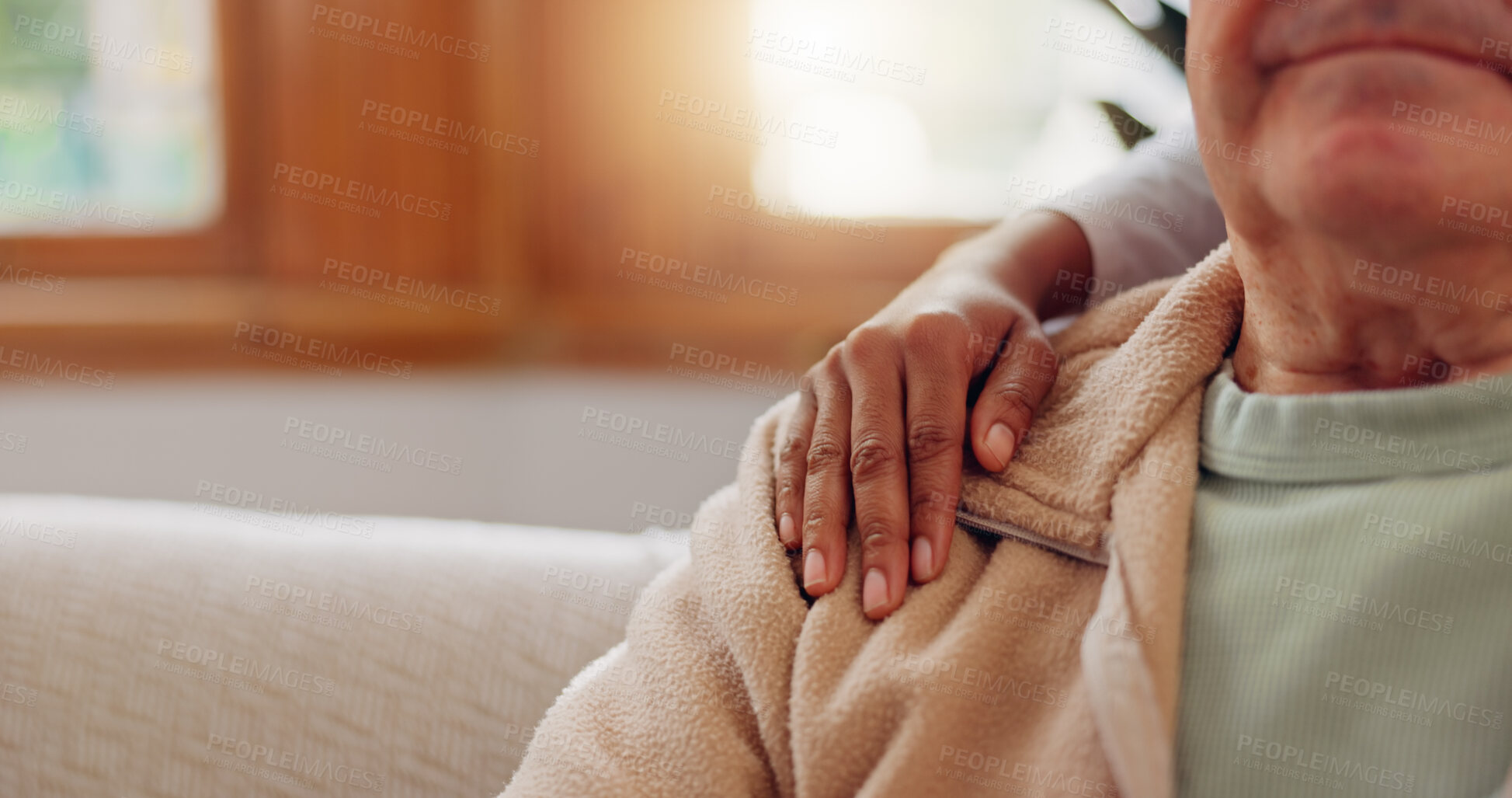 Buy stock photo Senior patient, hands on shoulder or consulting a caregiver for support or empathy for healthcare help. Closeup, cancer or elderly person in counselling with calm nurse in nursing home for therapy