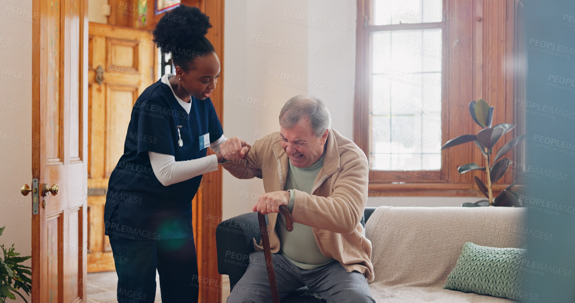 Buy stock photo Old man, walking stick or nurse in nursing home to help in retirement for wellness or medical support. Parkinson, black woman or caregiver with an elderly person in physical therapy or rehabilitation