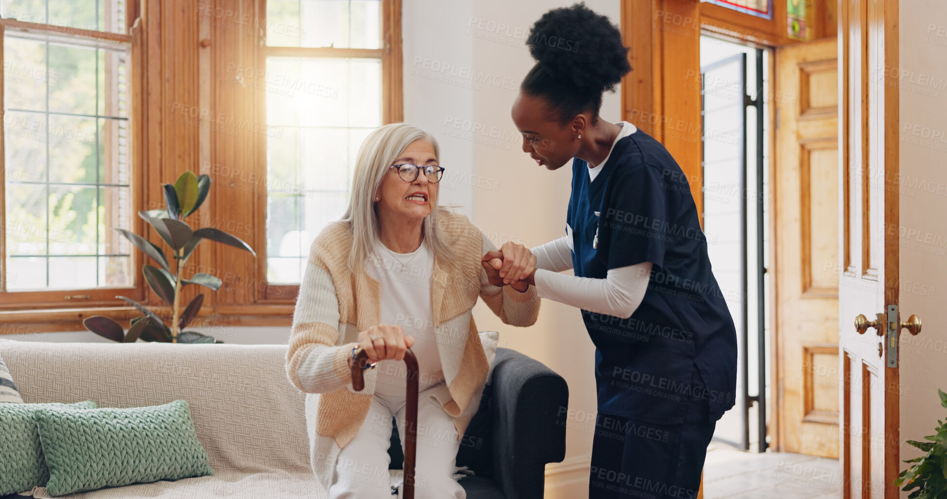 Buy stock photo Old woman, walking stick or caregiver in nursing home to help in retirement for medical support. Parkinson, disabled or nurse holding hands of an elderly person in physical therapy rehabilitation