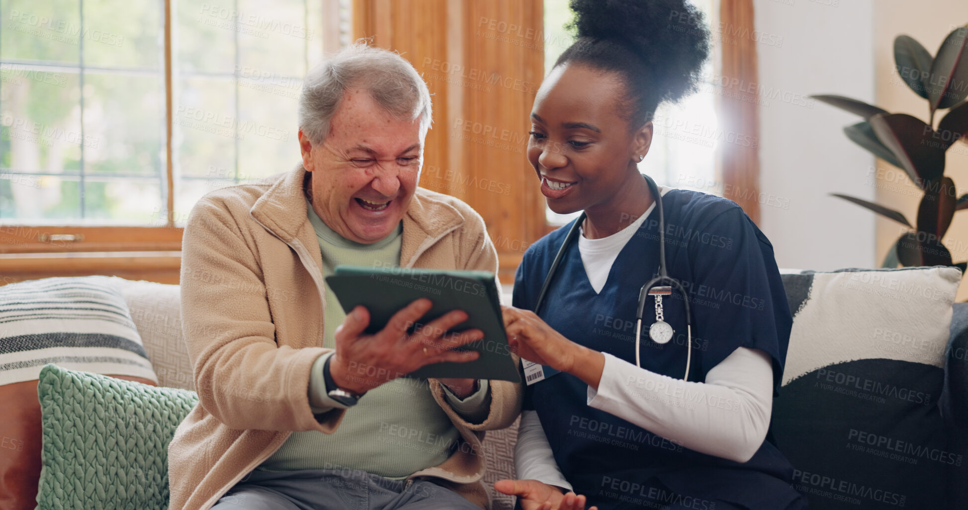 Buy stock photo Senior, man and nurse with tablet for consulting, medical information and communication with laughing. Elderly, professional and caregiver with touchscreen for online report, advisory and results or memories