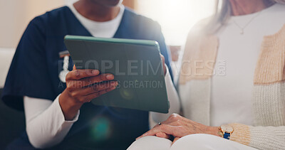 Senior, woman and nurse with tablet for consulting, medical information and health communication on sofa. Elderly, professional and caregiver with touchscreen for online report, advisory and results