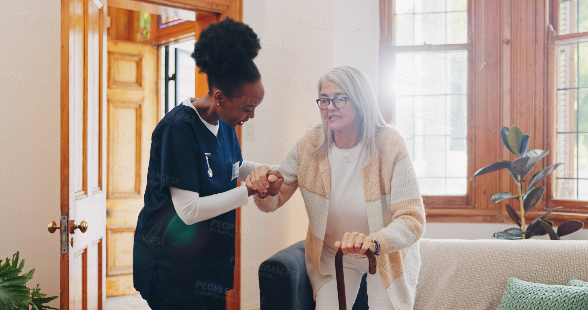 Buy stock photo Old woman, walking stick or caregiver in nursing home to help in retirement for medical support. Parkinson, disabled or nurse holding hands of an elderly person in physical therapy rehabilitation