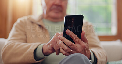 Parkinsons, smartphone and hands of senior man typing online on internet search in retirement home. Phone, elderly person with a disability and scroll on health website, communication or social media