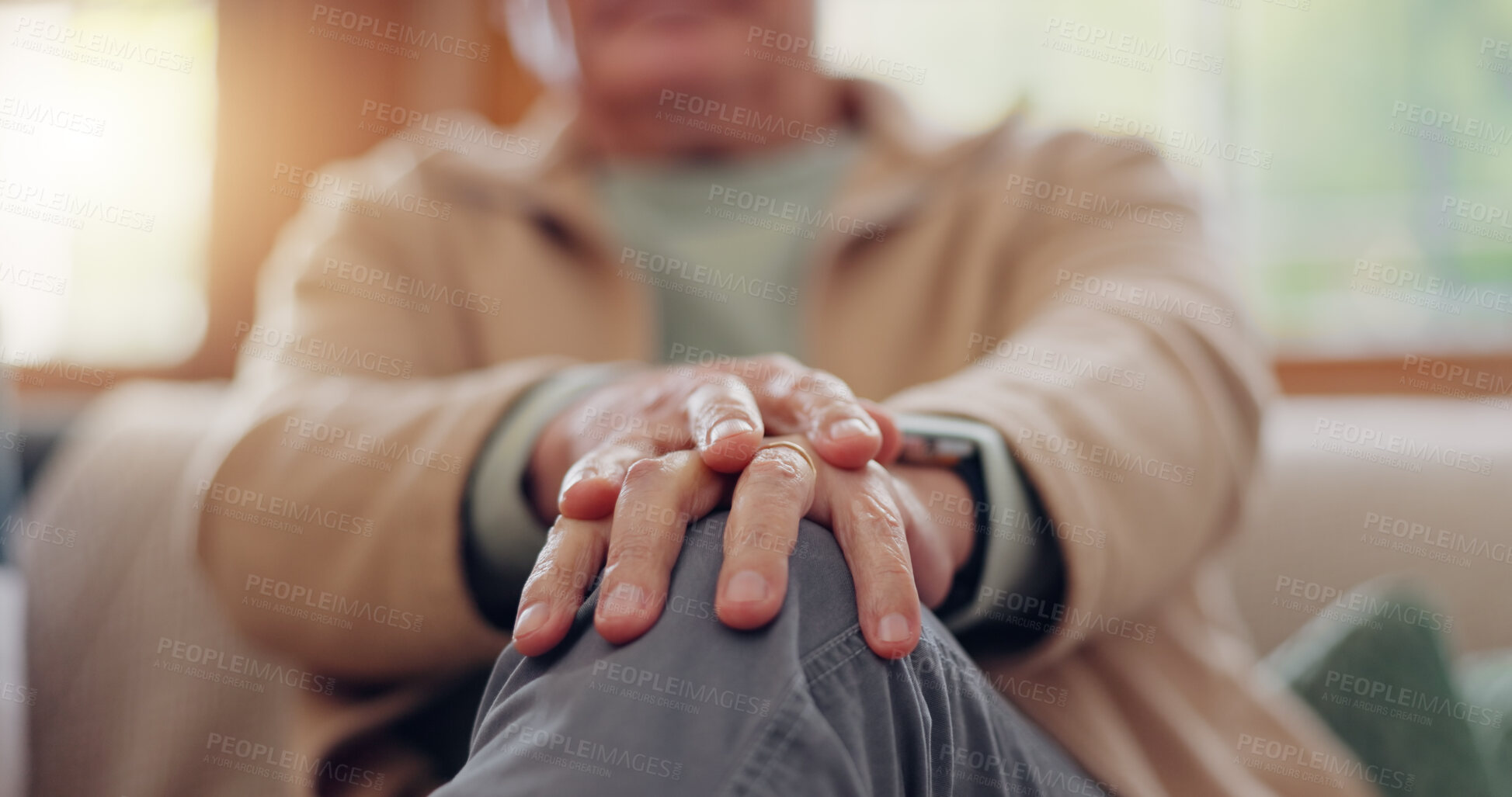 Buy stock photo Senior man, hands and stress in therapy, counseling or talking about depression, anxiety or crisis in retirement. Elderly, mental health and closeup on soothing gesture in conversation with therapist