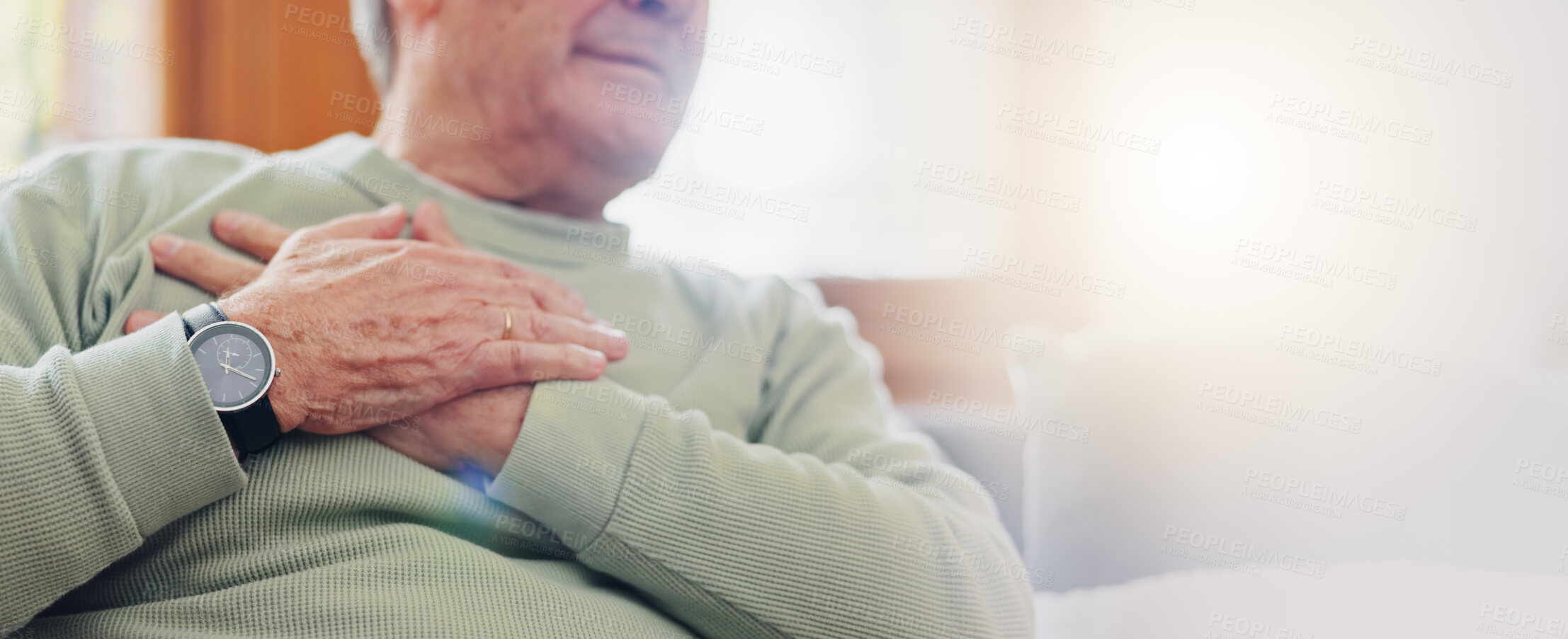 Buy stock photo Hands, heart attack or condition with a senior man in pain closeup in the living room of his retirement home. Healthcare, chest or cardiac arrest with an elderly person breathing for lung oxygen