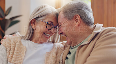 Care, happy and a senior couple talking on the sofa for marriage kindness and gratitude. Smile, house and an elderly man and woman with love, relax and communication in retirement on the couch