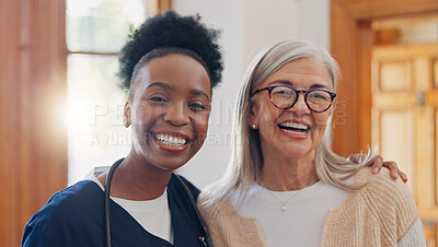 Face, hug and senior woman with nurse, home and healthcare with a smile, support and worker. Portrait, African person and elderly lady embrace, apartment or bonding with help, happiness and caregiver
