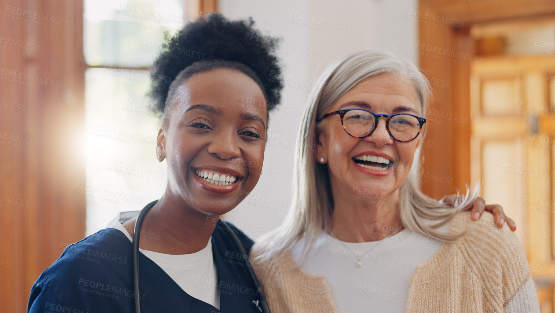 Buy stock photo Face, hug and senior woman with nurse, home and healthcare with a smile, support and worker. Portrait, African person and elderly lady embrace, apartment or bonding with help, happiness and caregiver