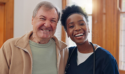 Face, hug and senior man with nurse, home and healthcare with happiness, support and medicare. Portrait, African person and elderly guy embrace, apartment or bonding with help, cheerful and caregiver