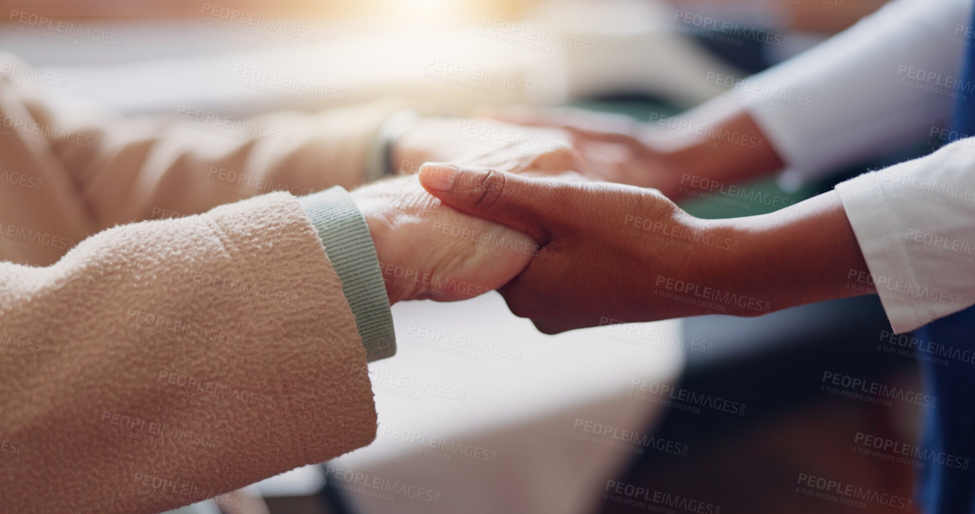 Buy stock photo Nurse holding hands with a senior patient for empathy, trust or support of help, advice or healthcare. Consulting, elderly person or medical therapy with doctor for hope, consultation or depression