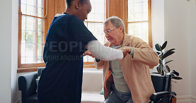 Walking, wheelchair or caregiver lifting an old man for healthcare support or rehabilitation at nursing home. Helping, hope or nurse speaking to senior patient or elderly person with a disability
