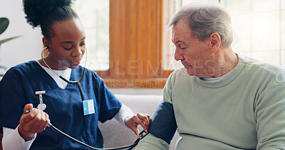 Doctor, woman or blood pressure of patient in home for medical after surgery, recovery or rehabilitation. Diversity, people or elderly care in hospital, facility or clinic with results for health