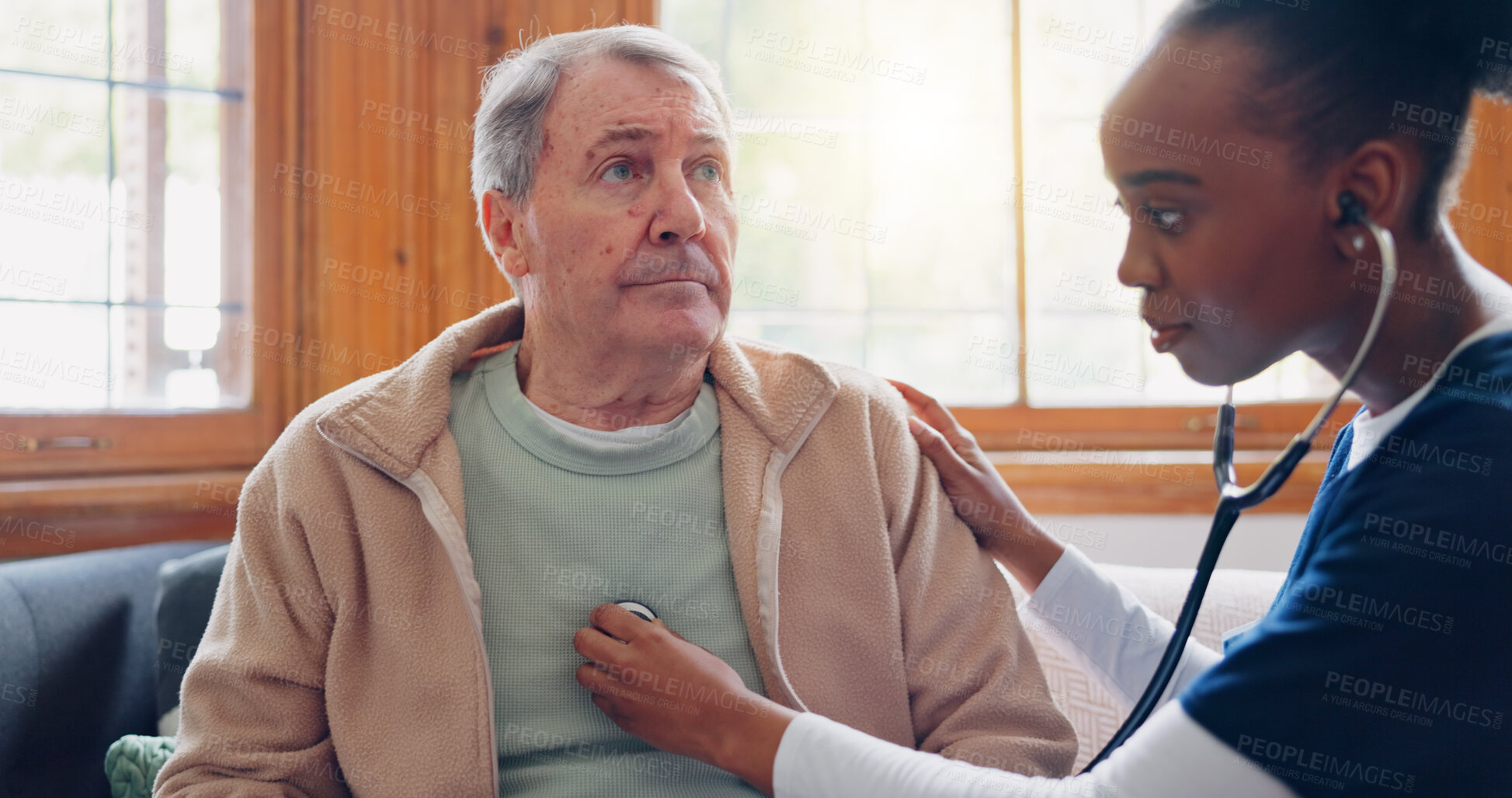 Buy stock photo Caregiver, senior patient or breathing for healthcare service, nursing or heart check in hospital clinic. Retirement home, consulting or cardiology of elderly man or black woman for lungs or wellness