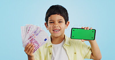 Face of kid, money or phone green screen in studio on social media to win a cash prize or reward. Euros, blue background or happy child with notification for online marketing, mockup or advertising