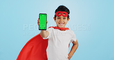 Child, game and portrait with phone green screen for superhero, justice or happy mockup with ux tracking markers. Kid, super hero and smartphone with mock up space and vigilante, costume and games