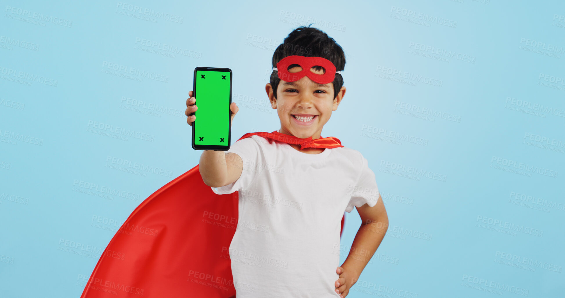 Buy stock photo Child, game and portrait with phone green screen for superhero, justice or happy mockup with ux tracking markers. Kid, super hero and smartphone with mock up space and vigilante, costume and games