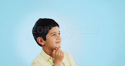 Thinking, inspiration and ideas, confused youth boy in studio with future or solution on blue background. Why, question with problem solving and remember, mockup space with kid insight and memory or doubt