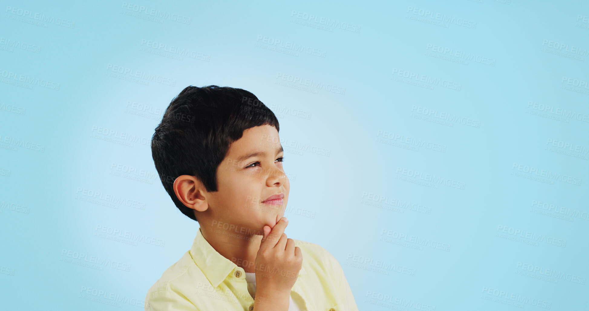 Buy stock photo Thinking, inspiration and ideas, confused youth boy in studio with future or solution on blue background. Why, question with problem solving and remember, mockup space with kid insight and memory or doubt