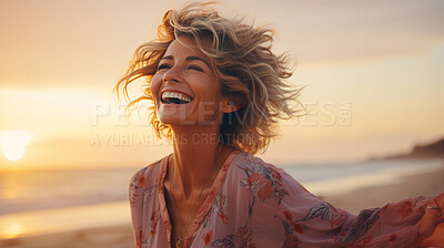 Buy stock photo Candid shot of happy senior woman on beach during sunset. Lifestyle concept.