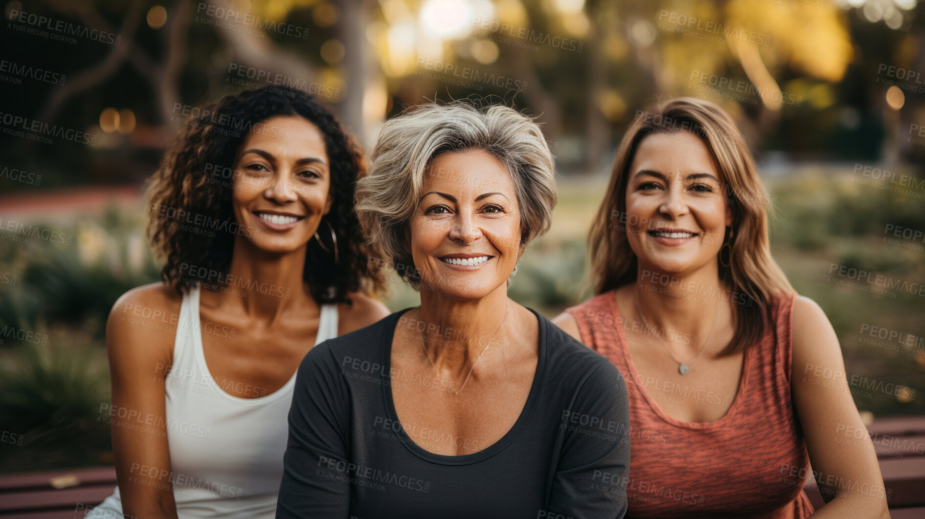 Buy stock photo Happy senior friends wearing sportswear, posing in park. Lifestyle concept.