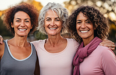 Buy stock photo Happy senior friends wearing sportswear, posing in park. Lifestyle concept.