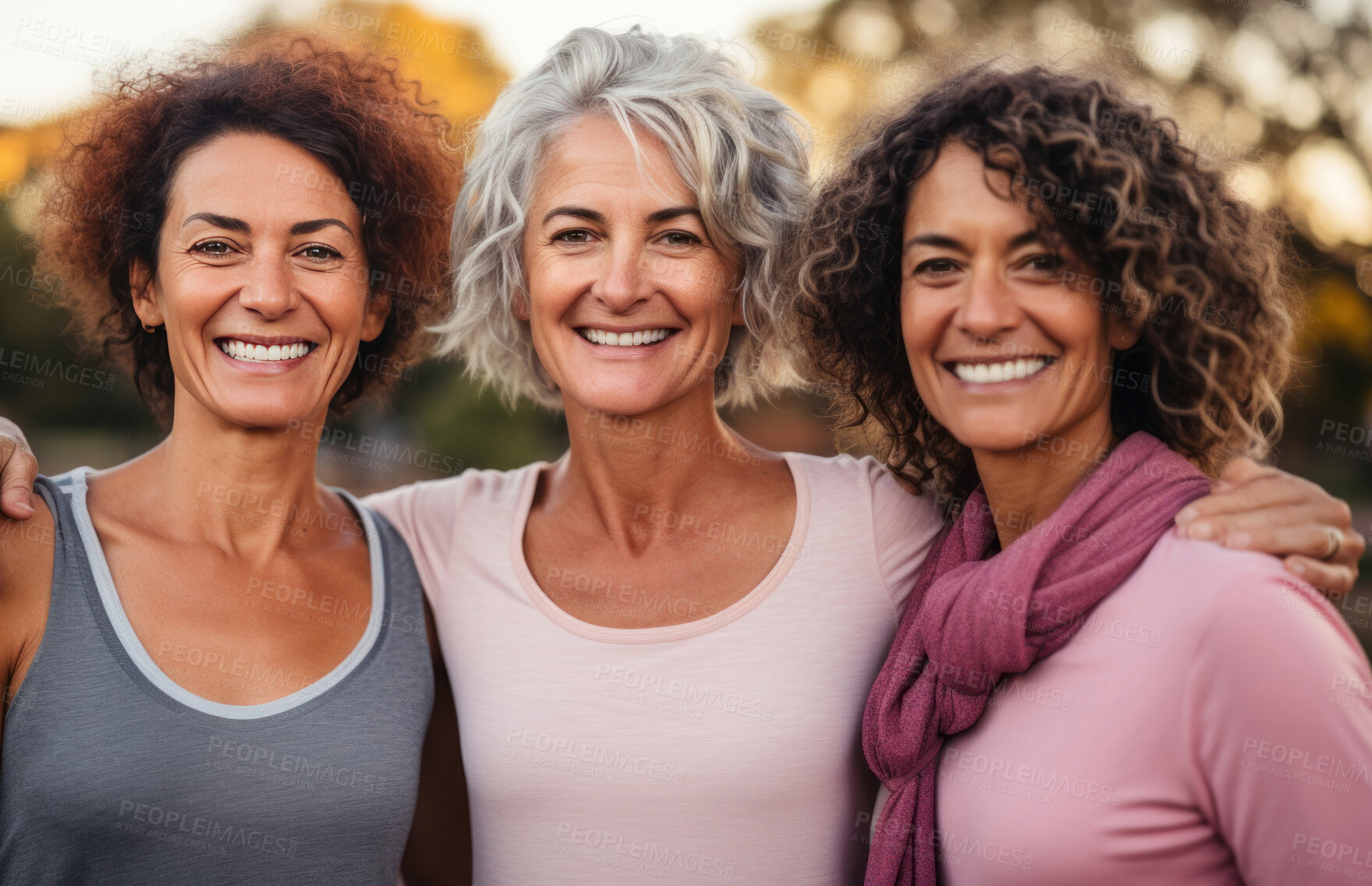 Buy stock photo Happy senior friends wearing sportswear, posing in park. Lifestyle concept.