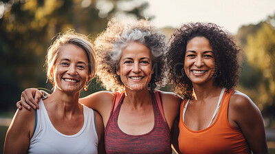 Buy stock photo Happy senior friends wearing sportswear, posing in park. Lifestyle concept.