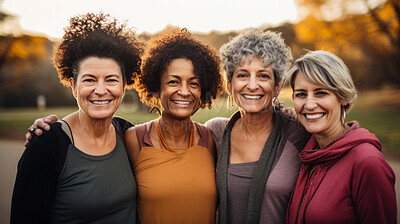 Buy stock photo Happy senior friends wearing sportswear, posing in park. Lifestyle concept.