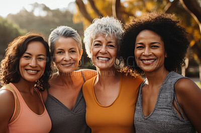 Buy stock photo Happy senior friends wearing sportswear, posing in park. Lifestyle concept.