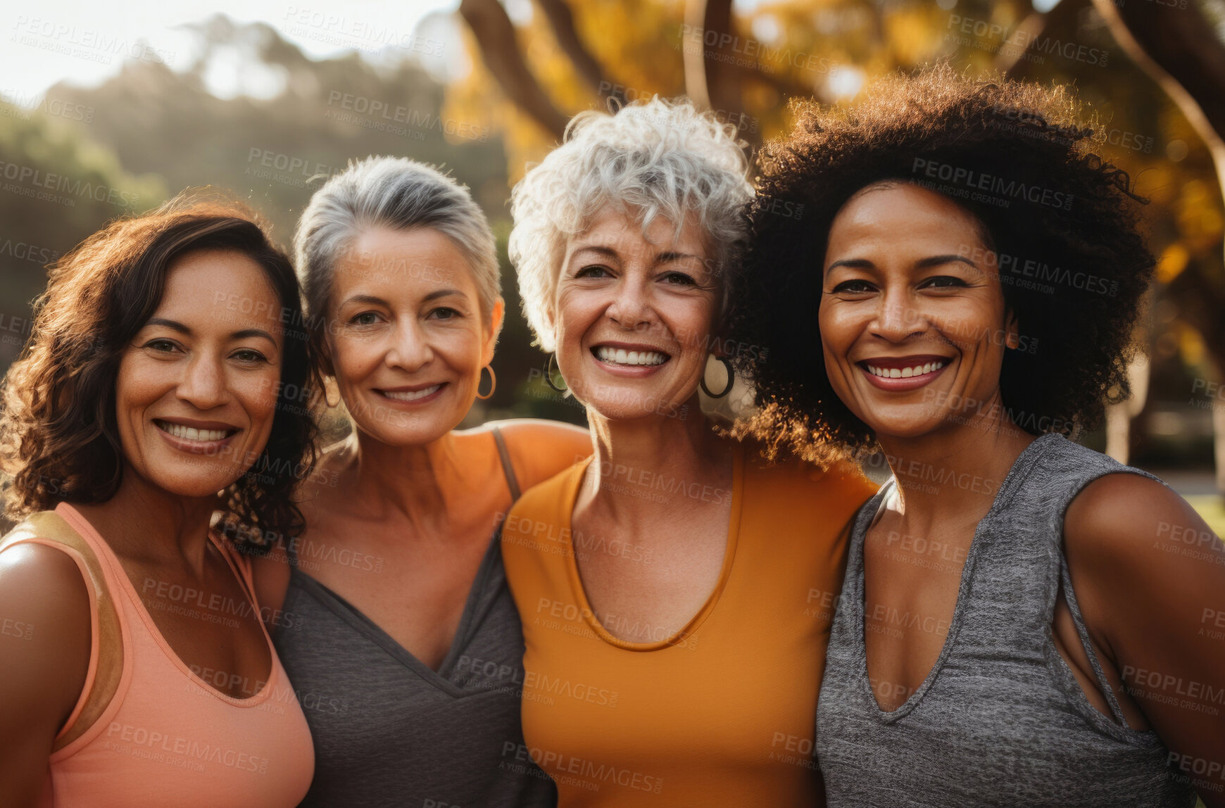 Buy stock photo Happy senior friends wearing sportswear, posing in park. Lifestyle concept.