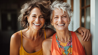 Buy stock photo Happy senior friends posing for camera. Lifestyle concept.