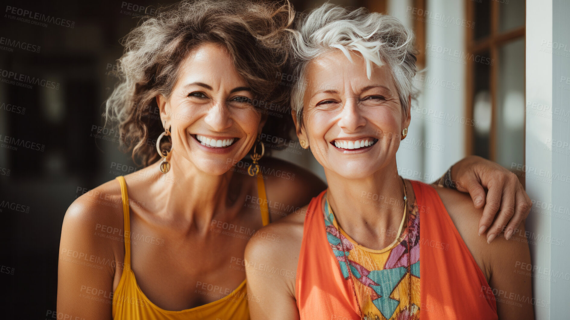 Buy stock photo Happy senior friends posing for camera. Lifestyle concept.