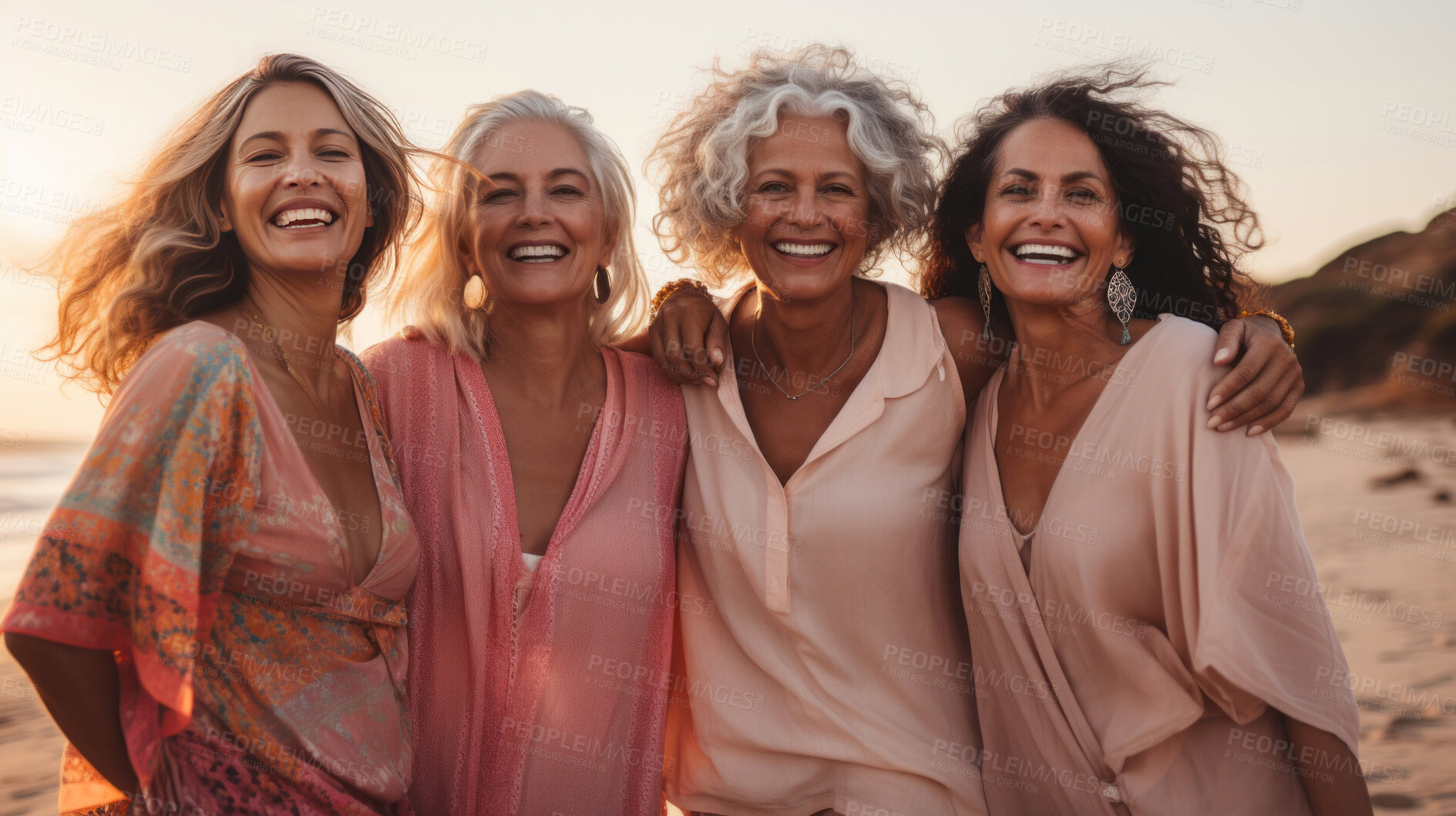 Buy stock photo Happy senior friends on beach. Sunset, golden hour.